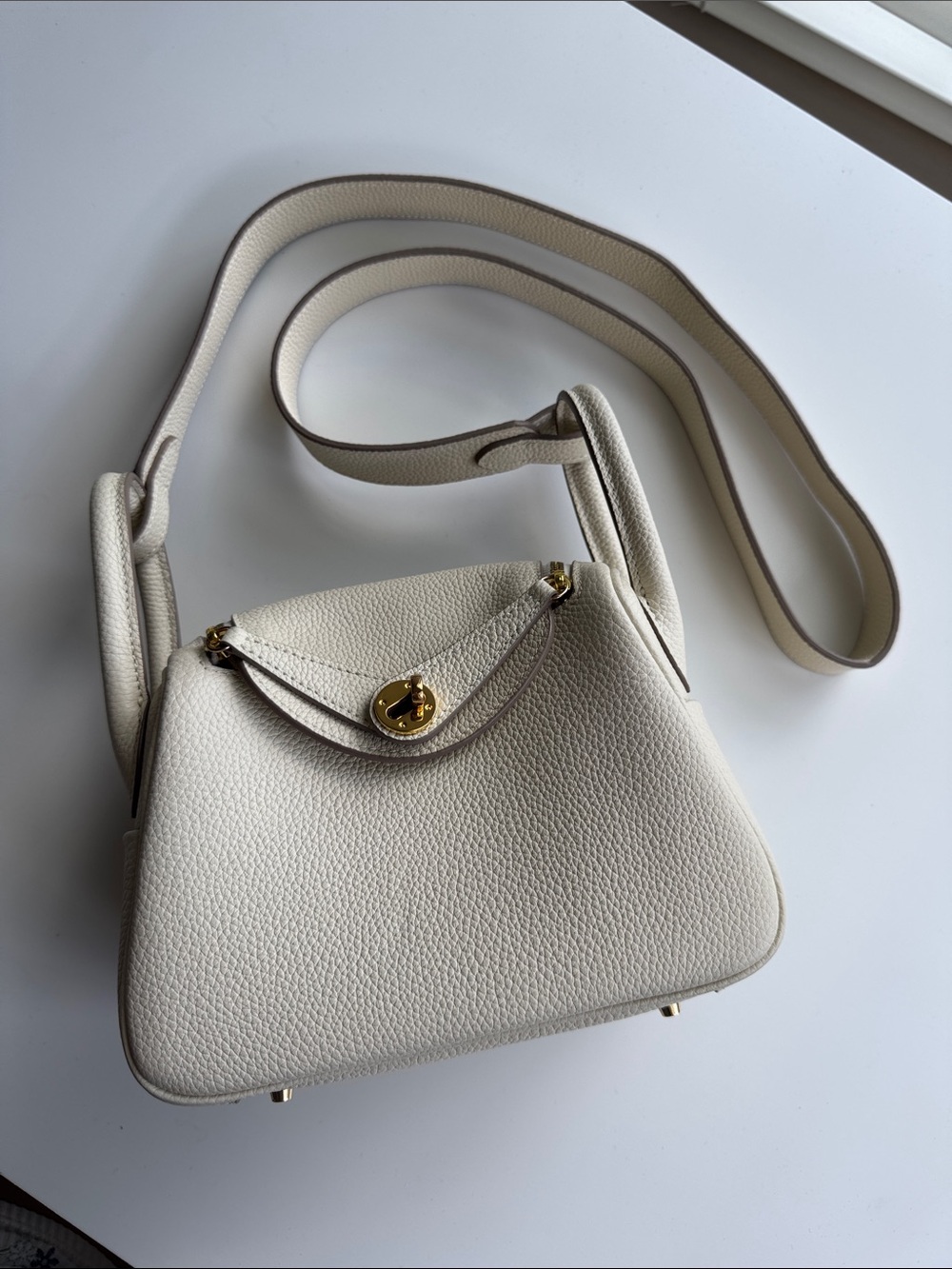 Cream Leather Crossbody Bag with Gold Turn-Lock